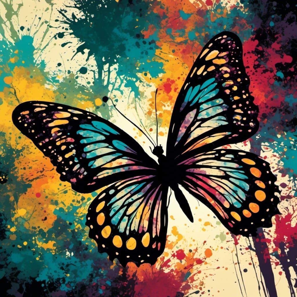 a beautiful butterfly Silhouette back lit magical forest, inspired by Colored-Ink Blotch style art. dynamic, extreme close-up. <lora:Blotche...