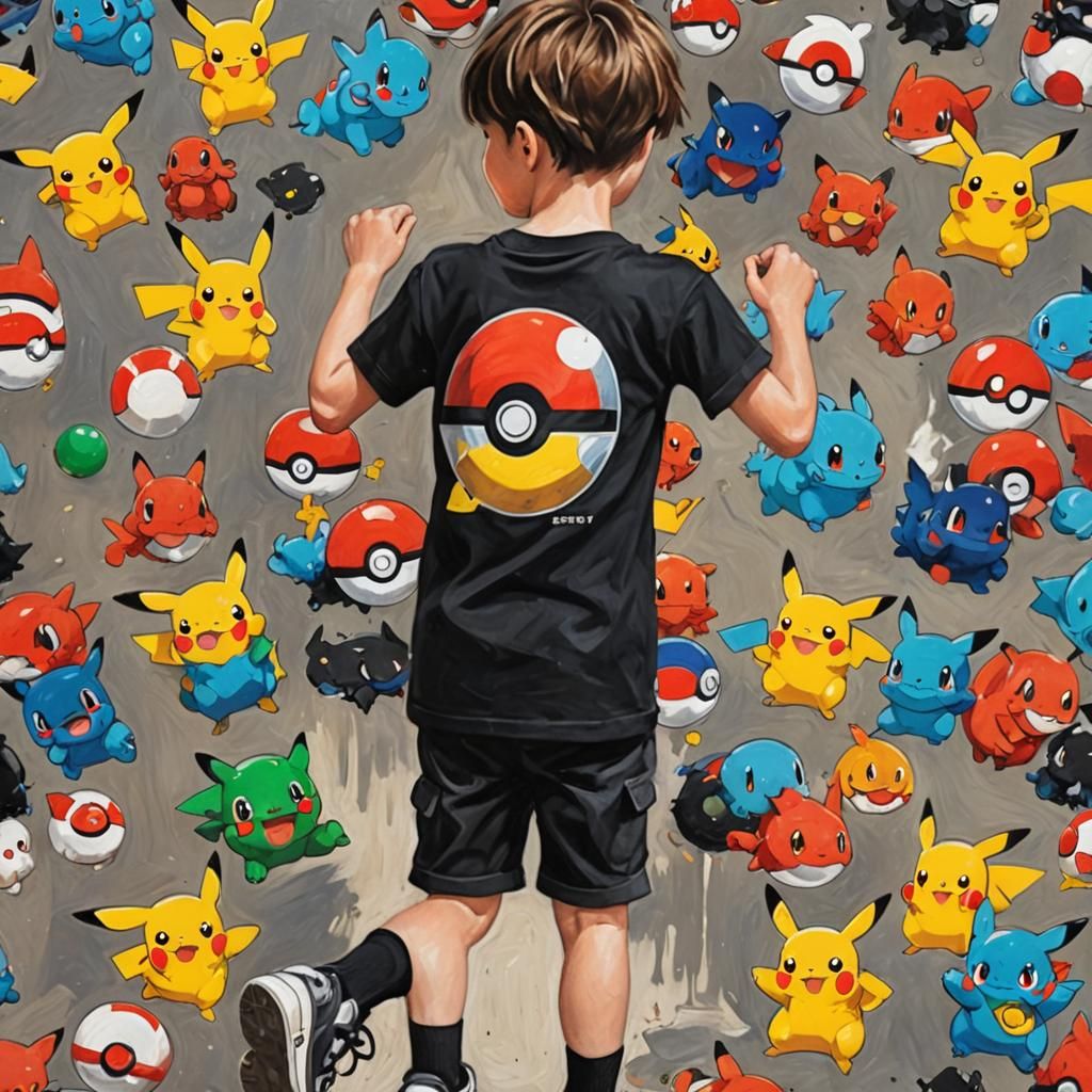 A kid is wearing black colour t-shirt with pokemon logo on t...