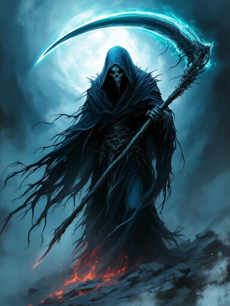 Gothic horror illustration of a Grim Reaper, shrouded in darkness, holding a large scythe, surrounded ...  by @Solara
