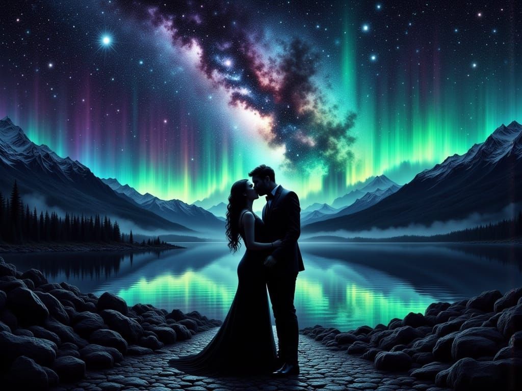 Romantic Kiss Under Aurora Borealis and Milky Way