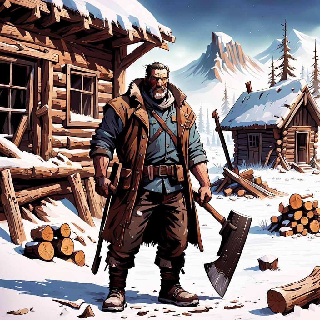 Wasteland characters, stocky man, cut wood, axe, snow, cabin