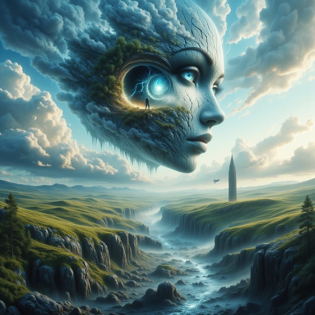 <lora:-Omnious-:1.0> <lora:Abstract Reality:1.0> Surreal landscape — a giant human face merged with the hills, one eye half-open, reflecting...