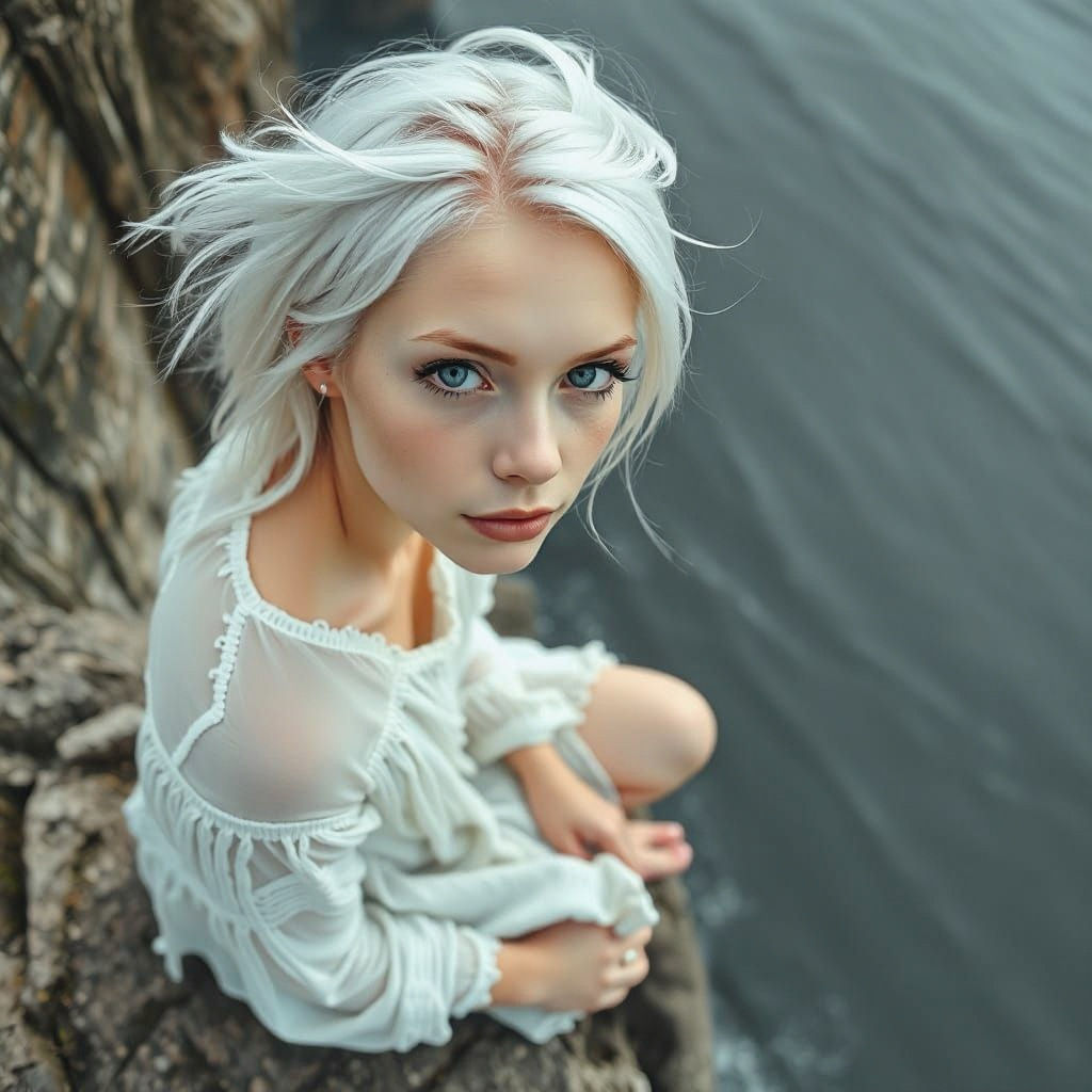 Albino Woman on Cliffs Overlooking Wavy Sea