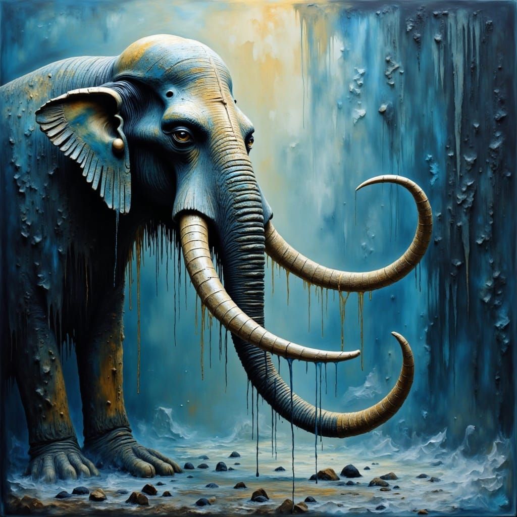 Enrico Casarosa Ice age mammoth ice uplighting and glow, ambient light, sharp focus and clarity, clear detail, distressed image, photography...