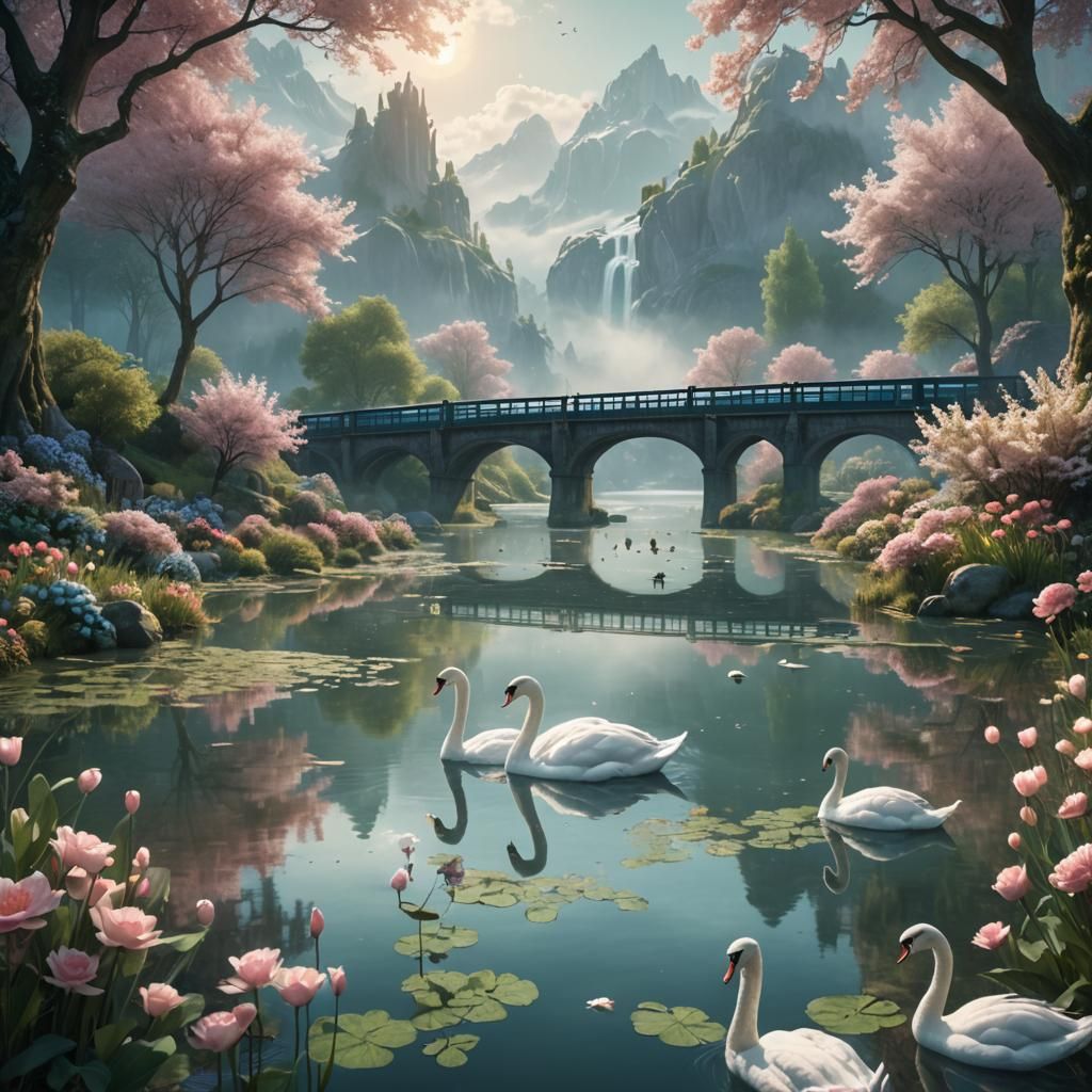Train Journey Across Mystical Lake: Fantasy Concept Art