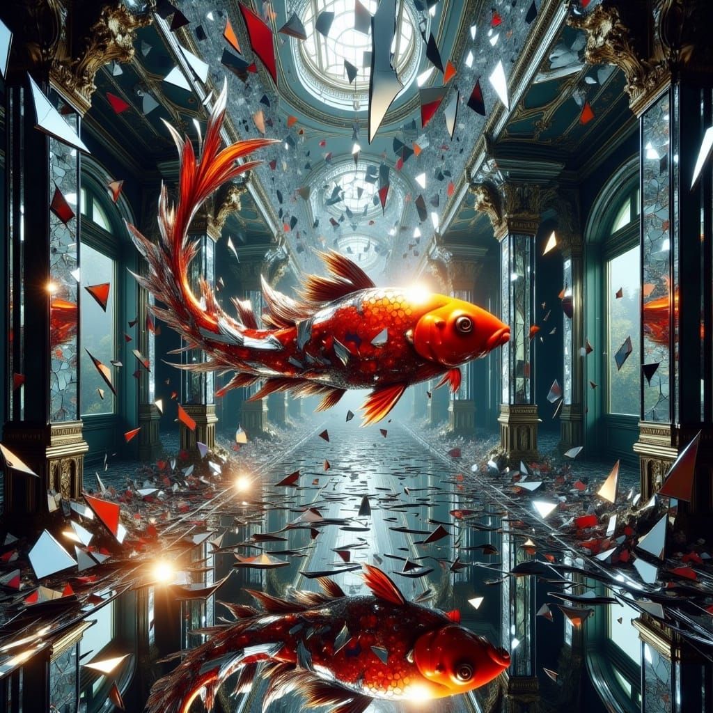 <lora:Shattered v2:1.0>A close-up of a beutiful shattered mirror room  with  pieces flying   , a koi fish made of mirror floating in the mid...