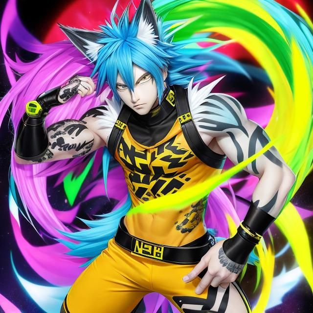 nekoboy with long fluorescent yellow hair, colorful locks, w...