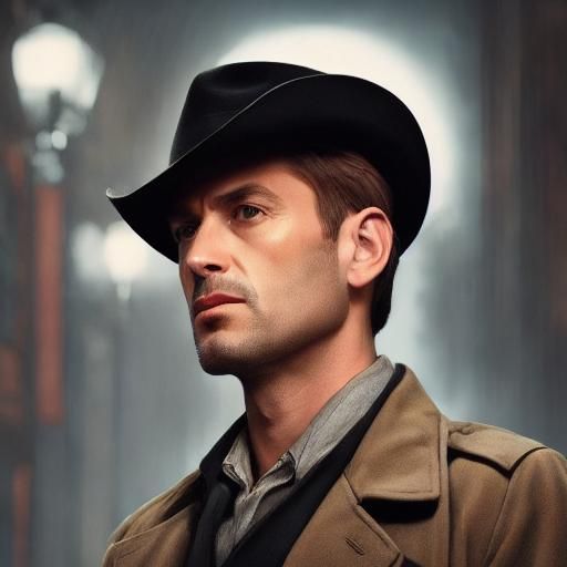 Detective , fandora on his head, looking straight at you, sm...