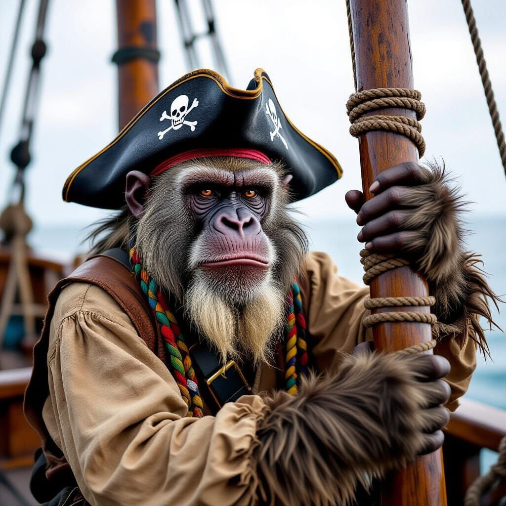 An old grumpy baboon like an old pirate on a pirate ship, wearing a triangular hat, a braided beard, ...  by @Golem