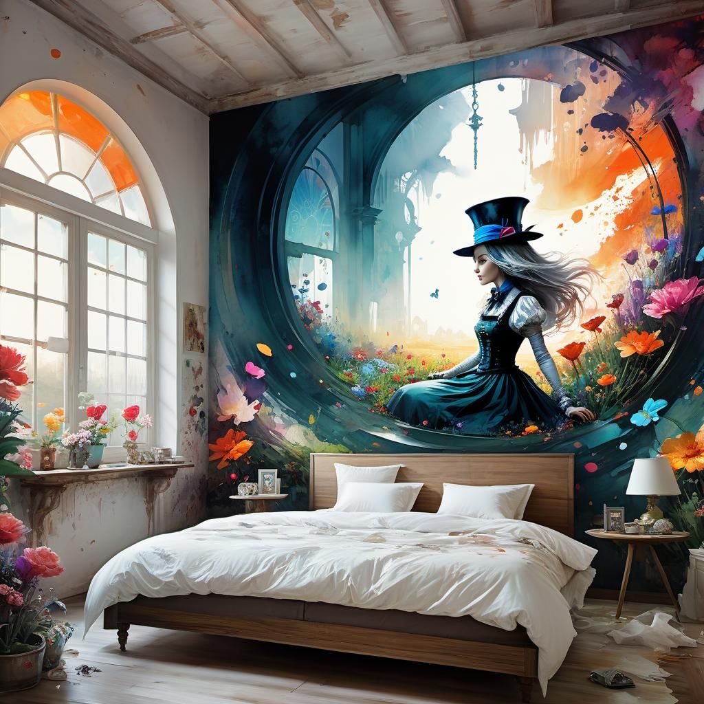 bedroom with wall Illustration of alice