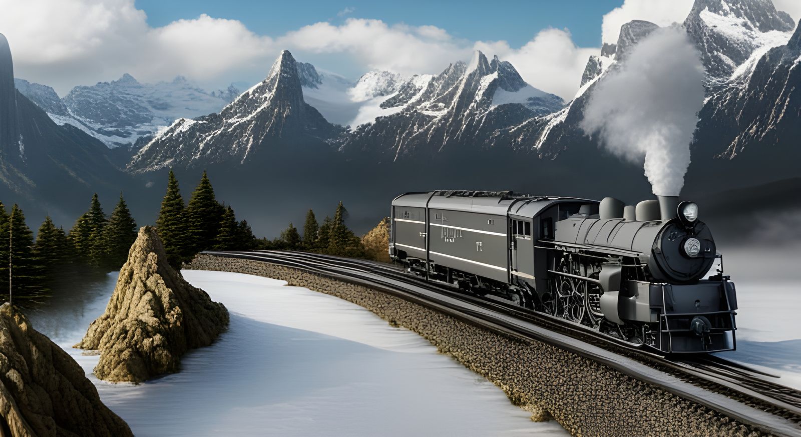 Historie German train, mountains in background, 8k, 28mm Nik...