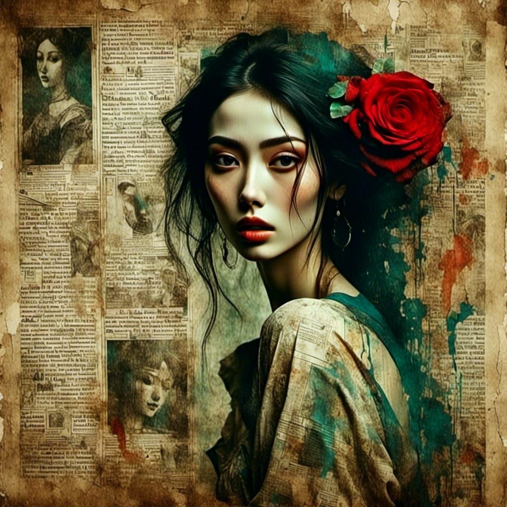 Medieval Woman Portrait with Newspaper Texture