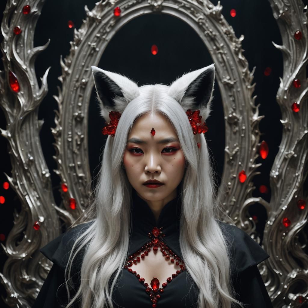 korean lady silver hair black dress red crystals white fox e...