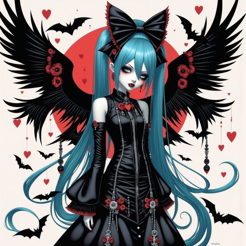 Goth Miku with Hearts and Bats 