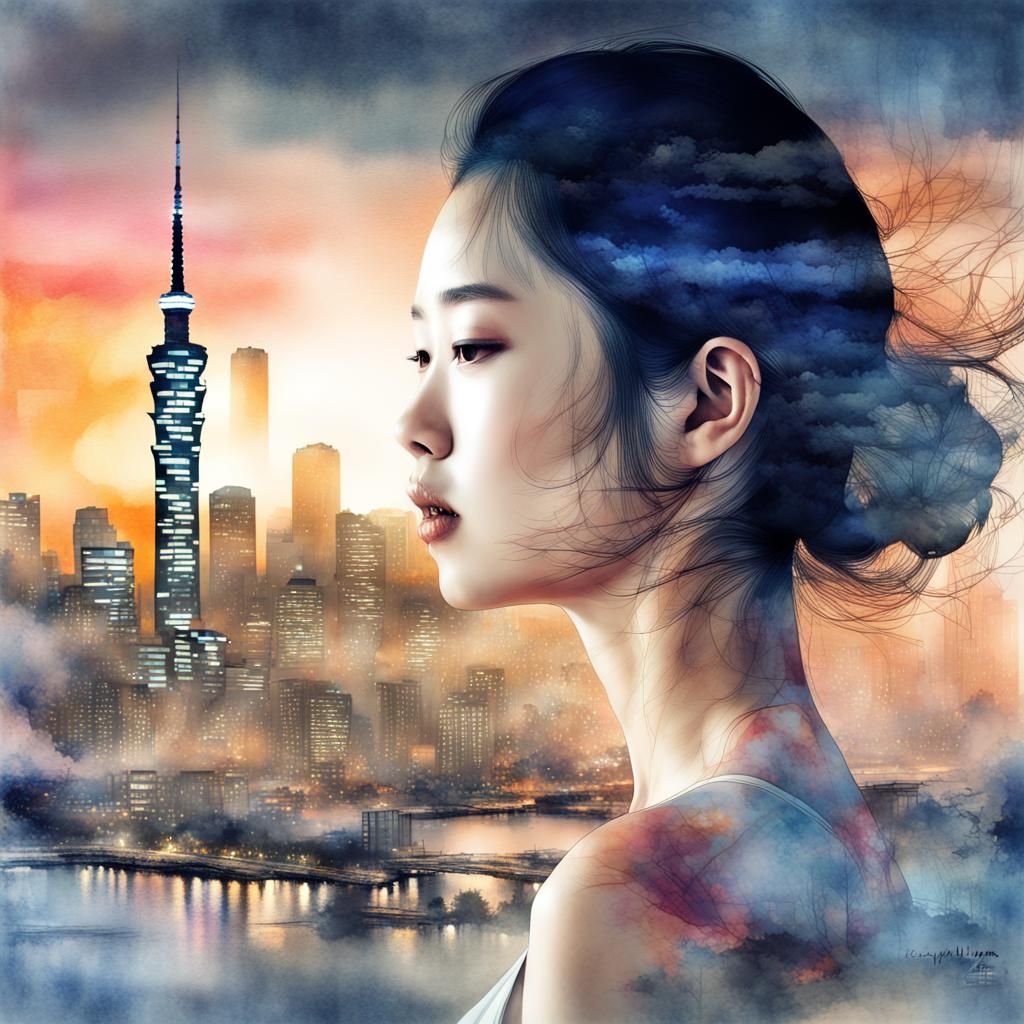 double exposure, extremely detailed, illustration Seoul skyline at