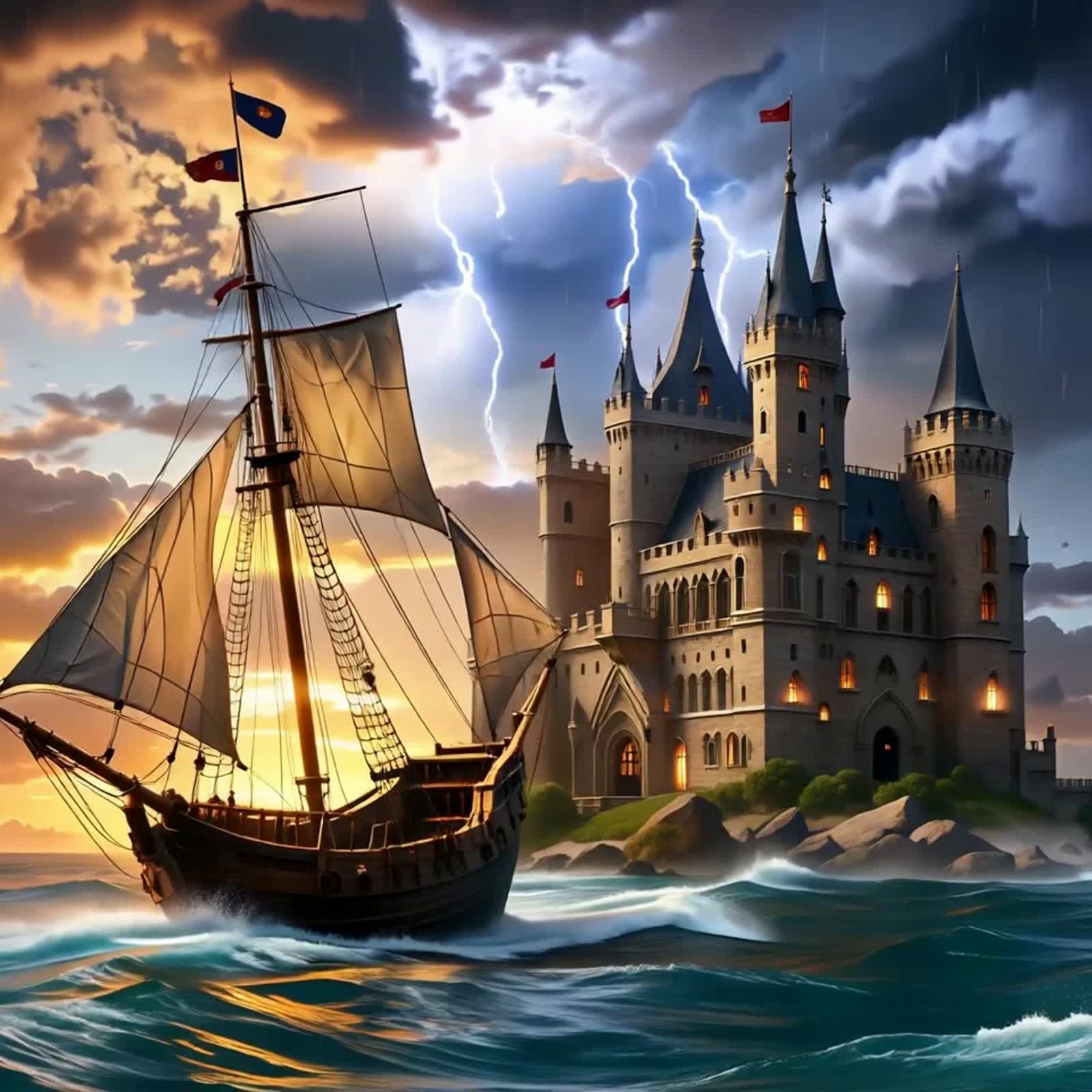 ספינה בים ליד טירה- סרטון