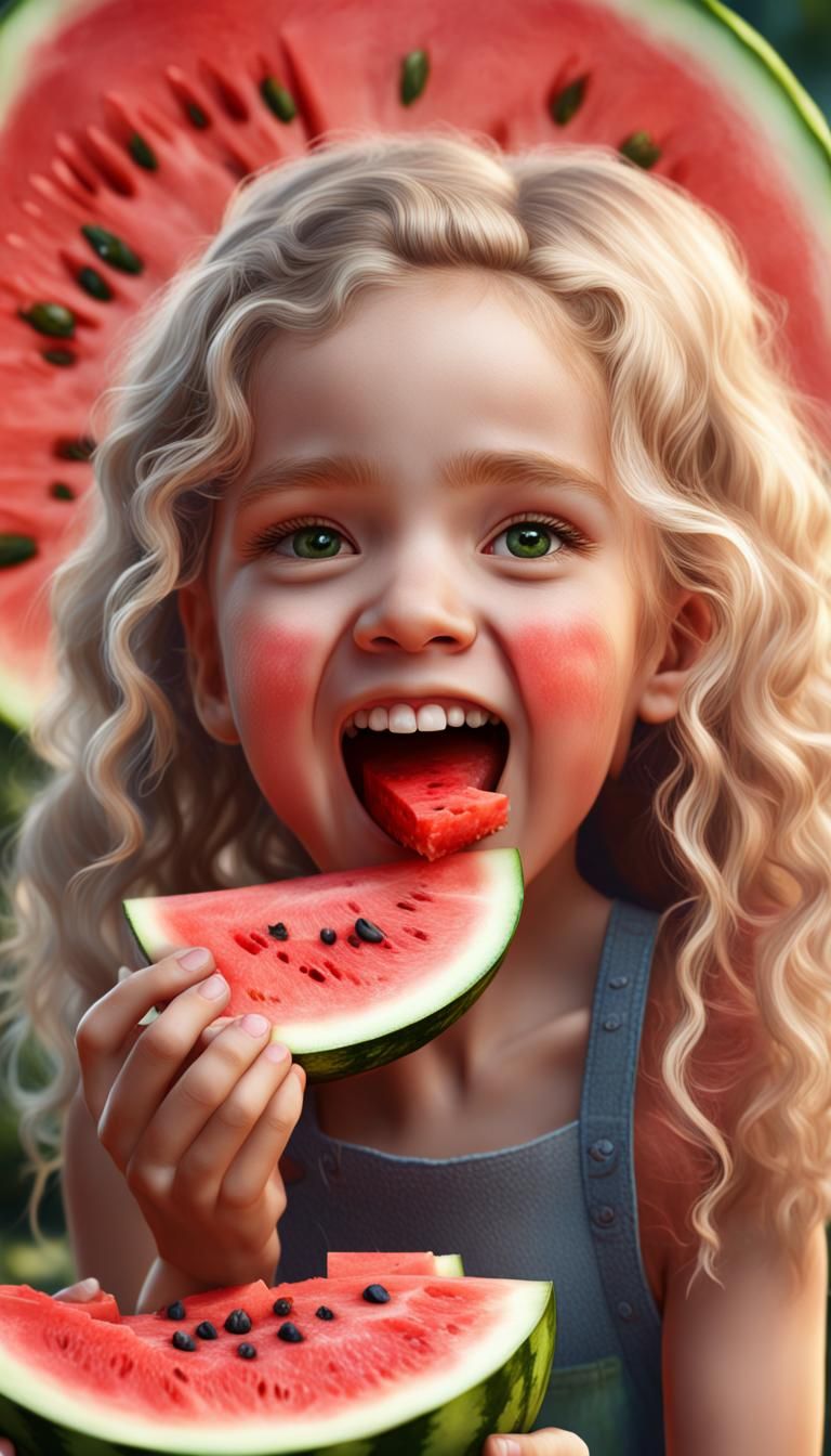 little girl 4-5 years old eating watermelon, happy facial ex...