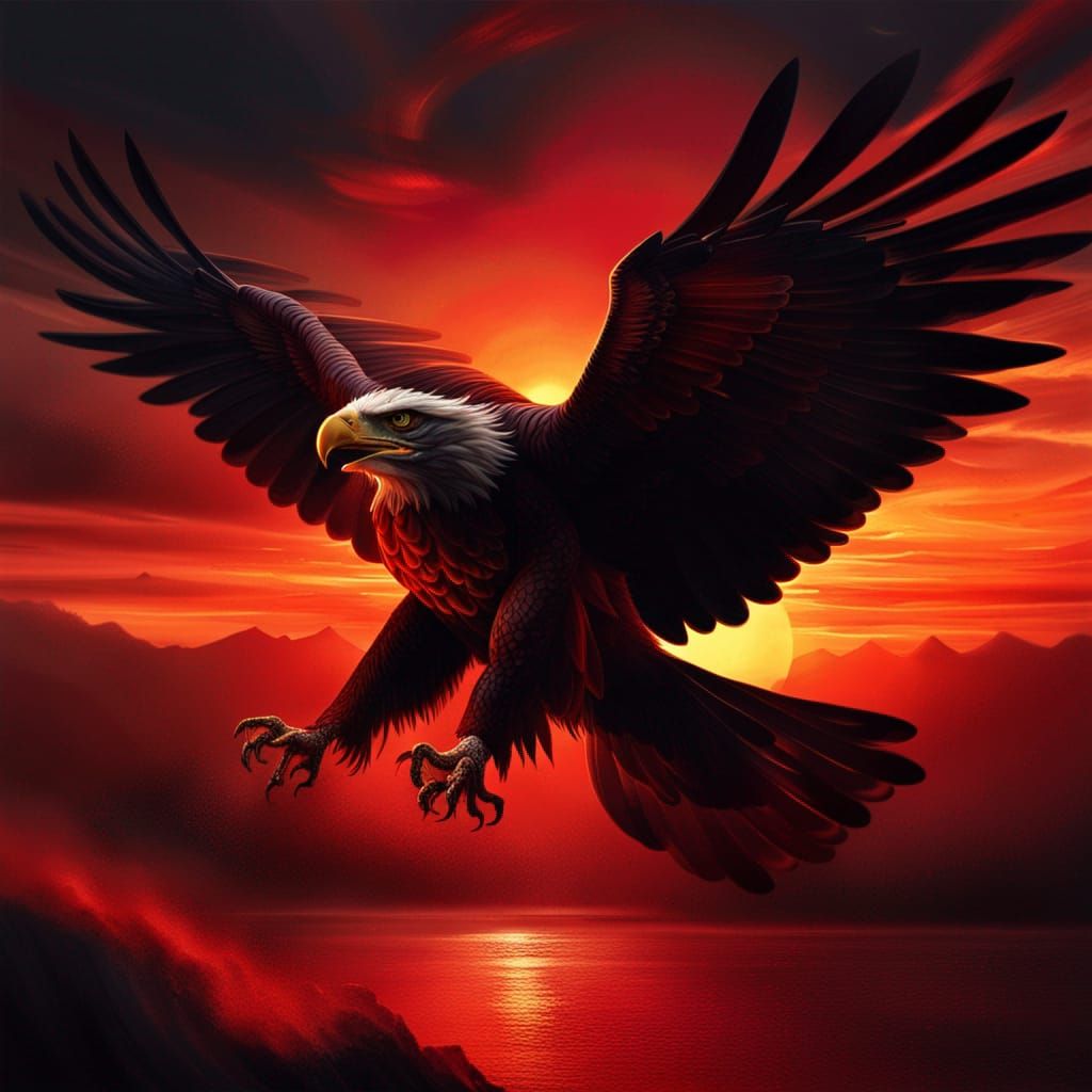 An eagle fly towards us while the sun is setting behind its ...