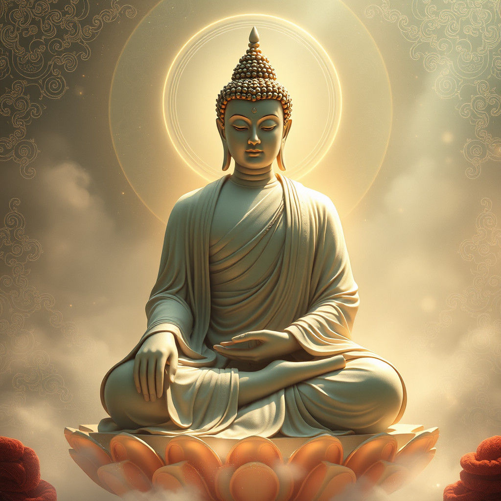 Majestic Buddha-like Figure in Dreamlike Atmosphere