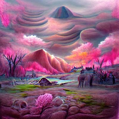 A psychedelic landscape with a pink sky