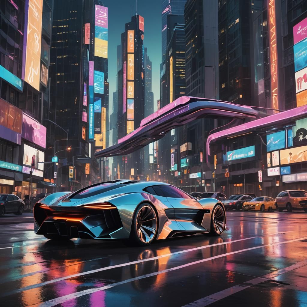 Futuristic Luxury Car Concept Art in Neon Cityscape