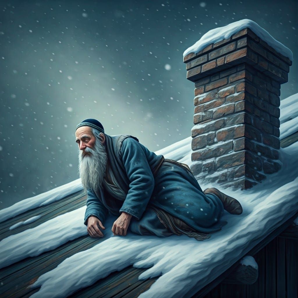 Ancient Rabbi Contemplates Snowy Rooftop in Mystical, High-F...