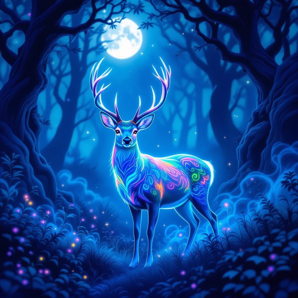 Glowing Deer in Mystical Forest, Magical Realism Style