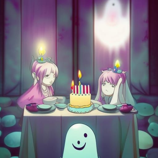 cute ghosts having a birthday party with cake with a lit can...