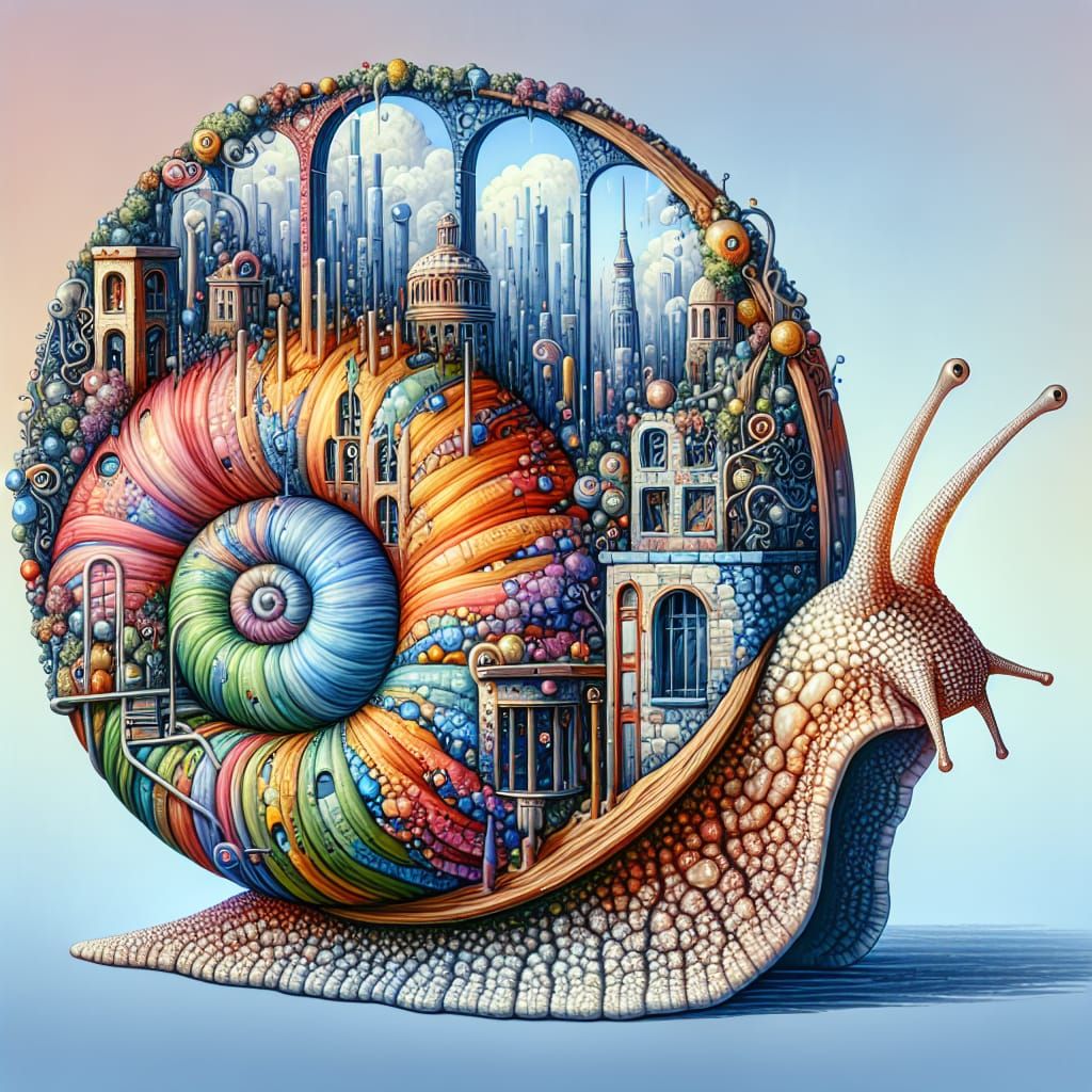 An adorable snail with a city on it's shell, surreal beauty  by @Enya