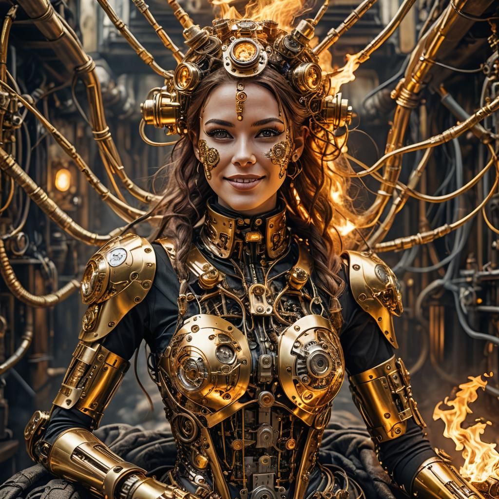 A steampunk humanoid cyborg girl made of circuits, gears, cables etc ...