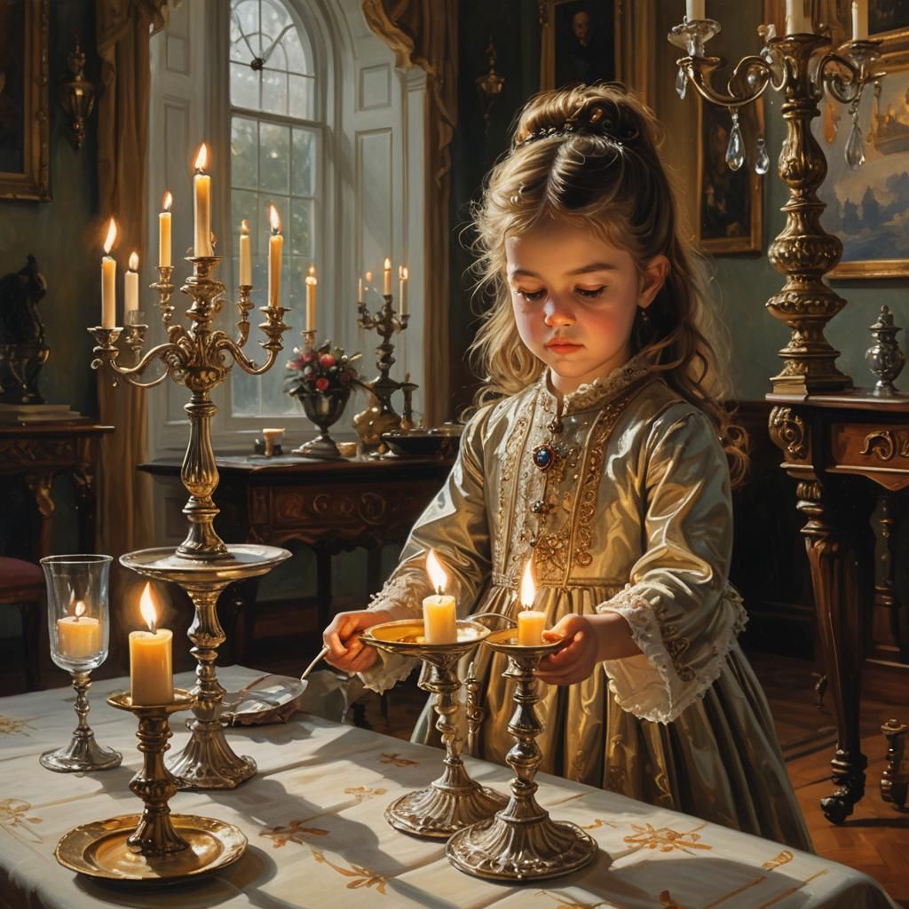 Girl Lights Candles: Oil Painting in Victorian Style