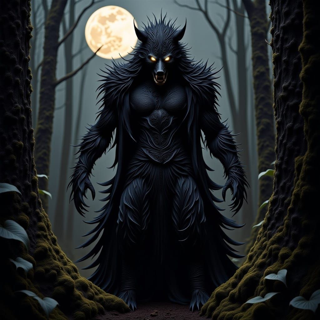 <lora:Organic Macabre Flux:1.0> The Cursed Werewolf: A man stands mid-transformation under a full moon, his clothes tearing as fur bursts fr...