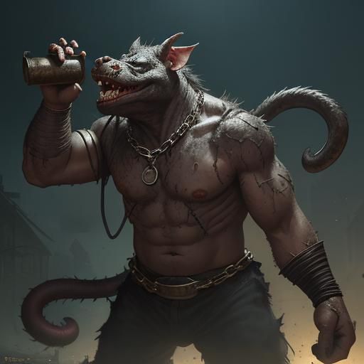 Junk Monster, Rattling pulling Rat Ogre with collar on a cha...