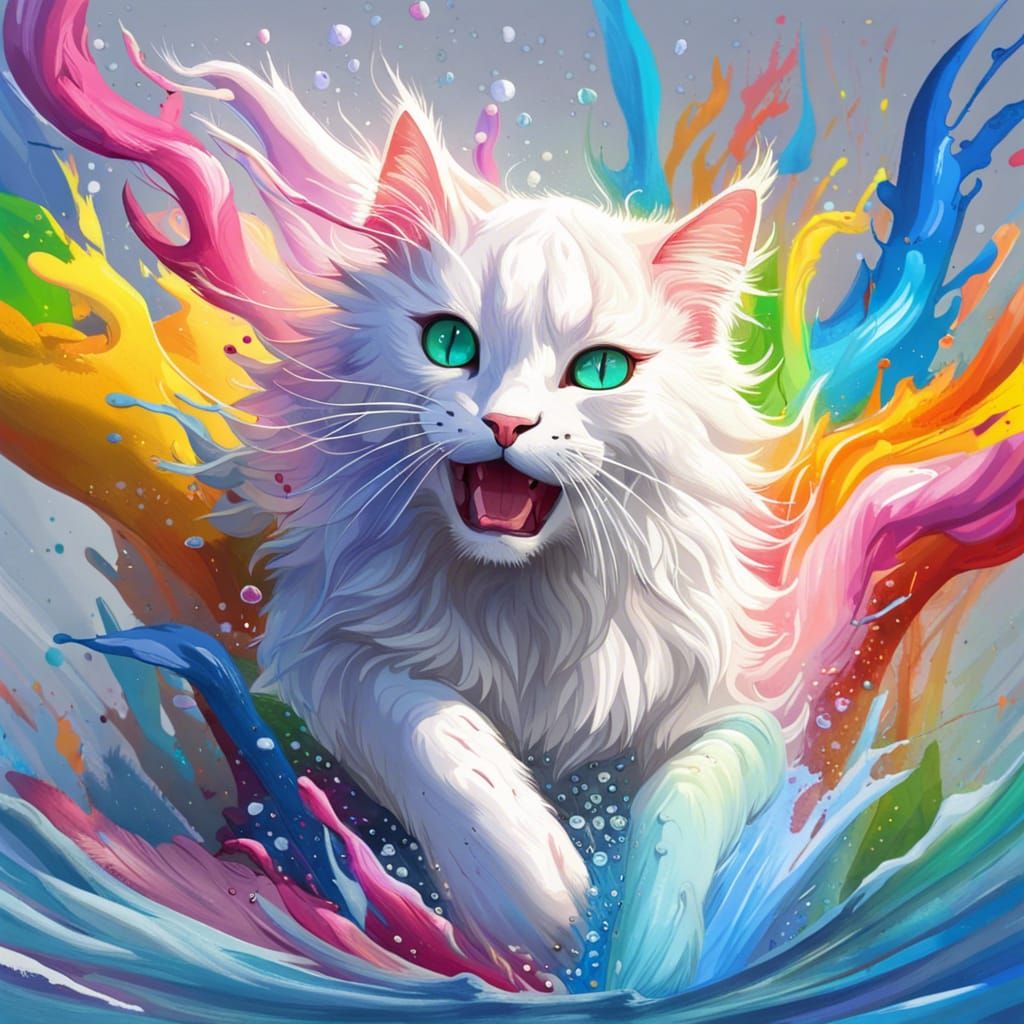 A white majestic cat pouncing into rainbow paint, vibrant, c...