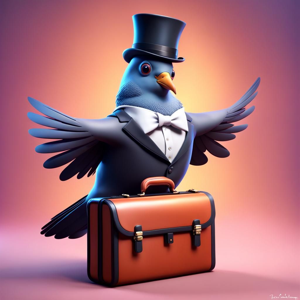 A pigeon in a suit with a top hat and a briefcase