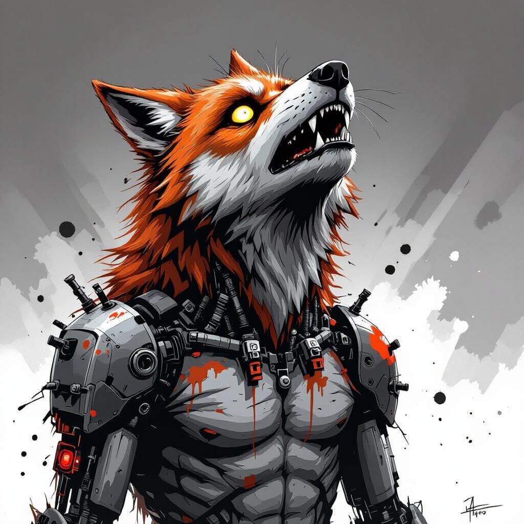 Beneath a yellowed Hunter's Moon, a macabre, stylized werewolf with elements of cartoonish distortion, striking eyes, and perhaps a mix of m...