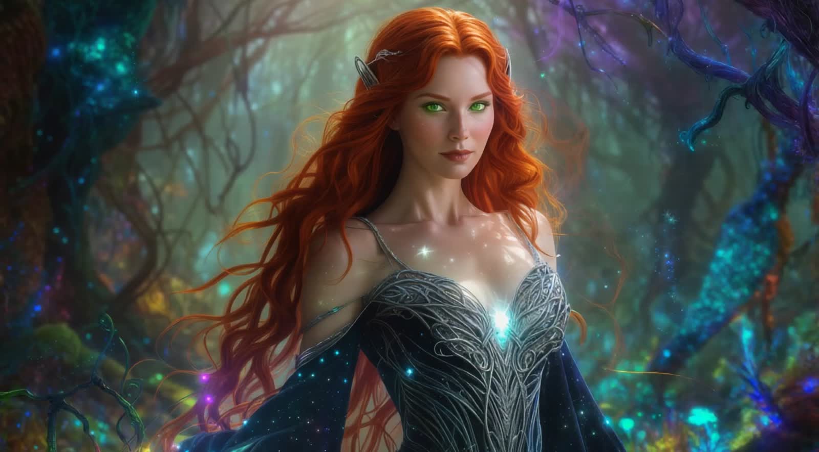 A 30-something redhead with long, wavy auburn hair and light green eyes stands confidently in a vibrant, otherworldly fo...