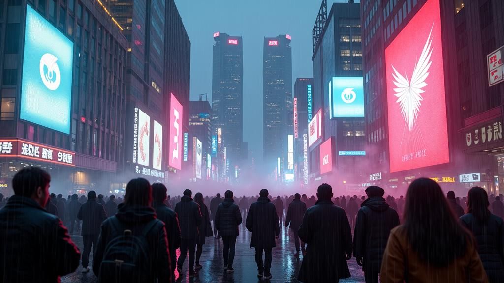 "A crowded Neo-Tokyo street. Giant screens display the HeartSync launch. People's faces are illuminated by their devices, showing a mix of e...