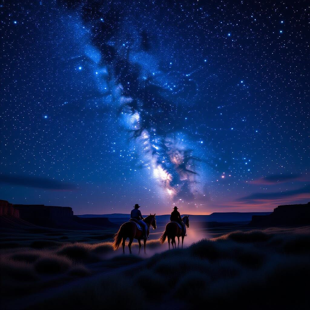 A couple riding a horse into the Badlands at night with a lot of stars in the sky