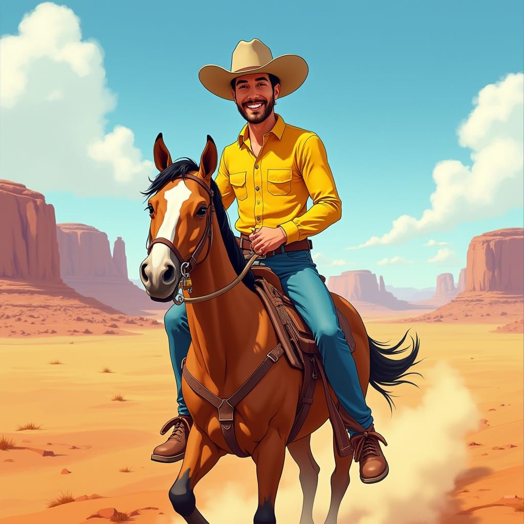 Cowboy Rides Through Desert Landscape in Animated Style