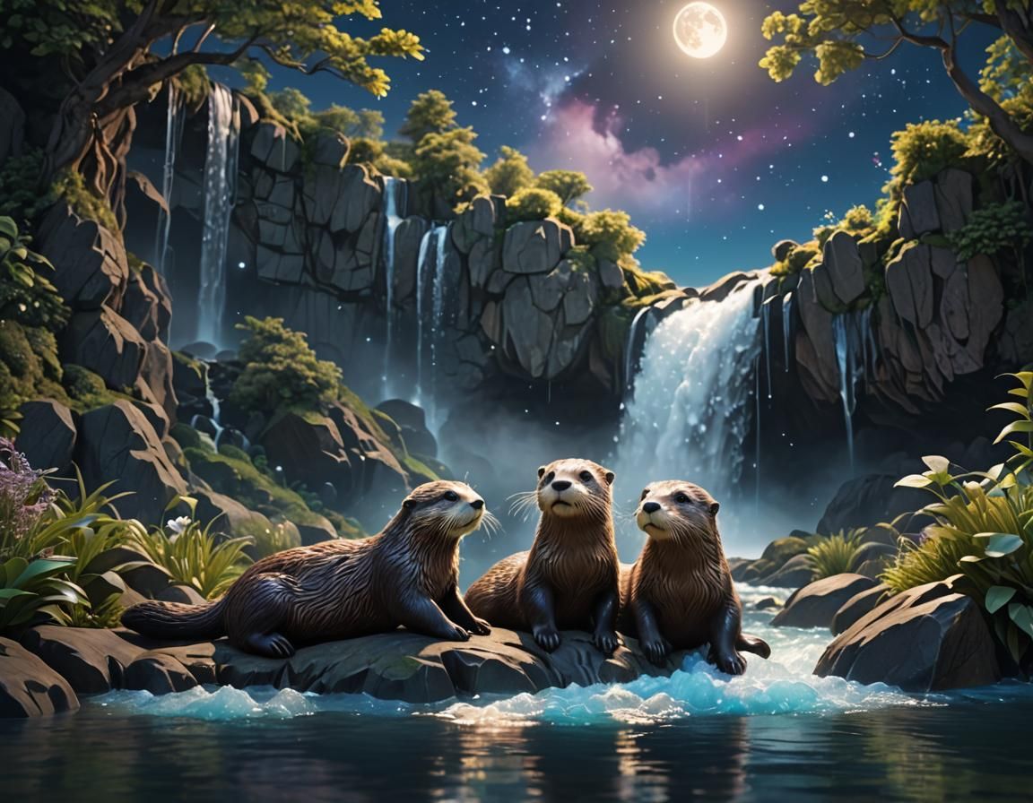 Otters enjoy life near a waterfall. - AI Generated Artwork - NightCafe ...