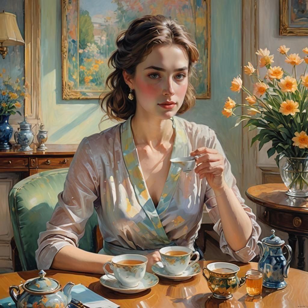 Scène de petit-déjeuner, une très belle femme boit un thé. Flou artistique. Qualité haute définition. Un éclairage chaleureux et naturel. At...