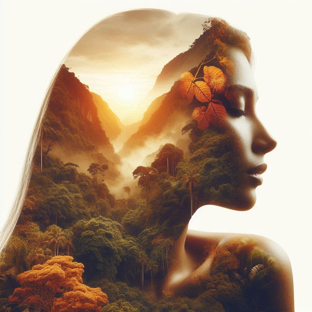 Double exposure. Lush warm jungle landscape seen inside the ethereal Face of a beautiful woman.