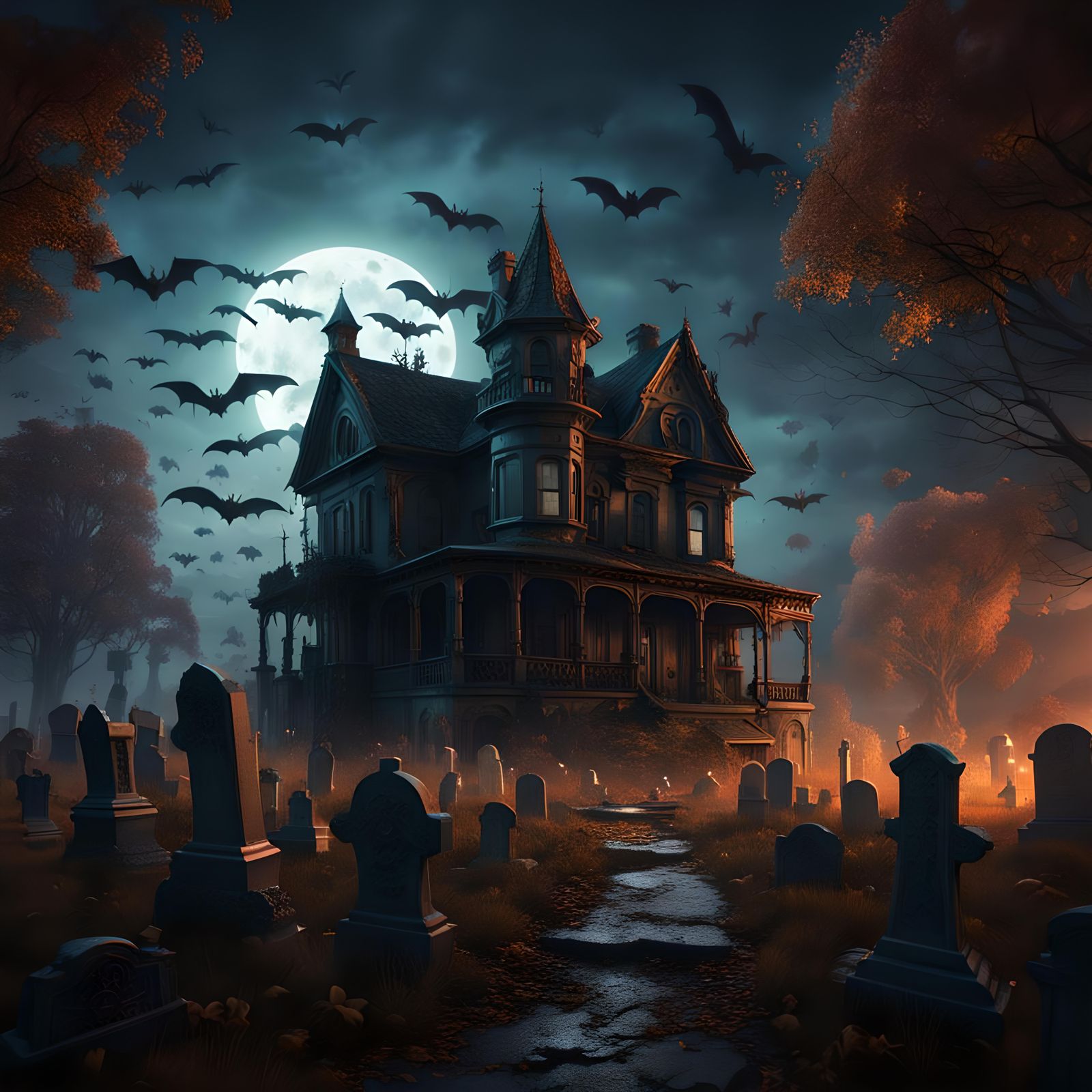 A haunted house with  ghost, flying bats, cobwebs, grave yard. High resolution.   by @Irene