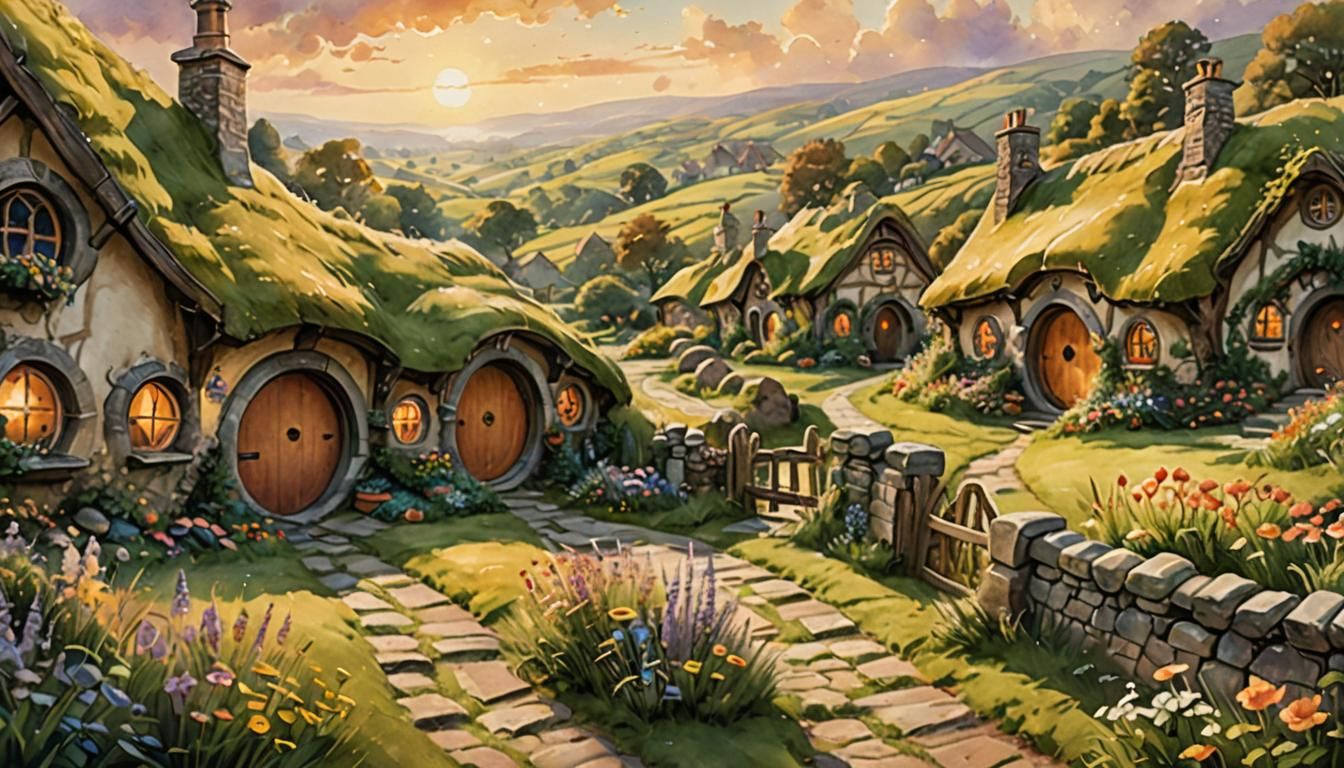 Peaceful Hobbit Village at Sunrise