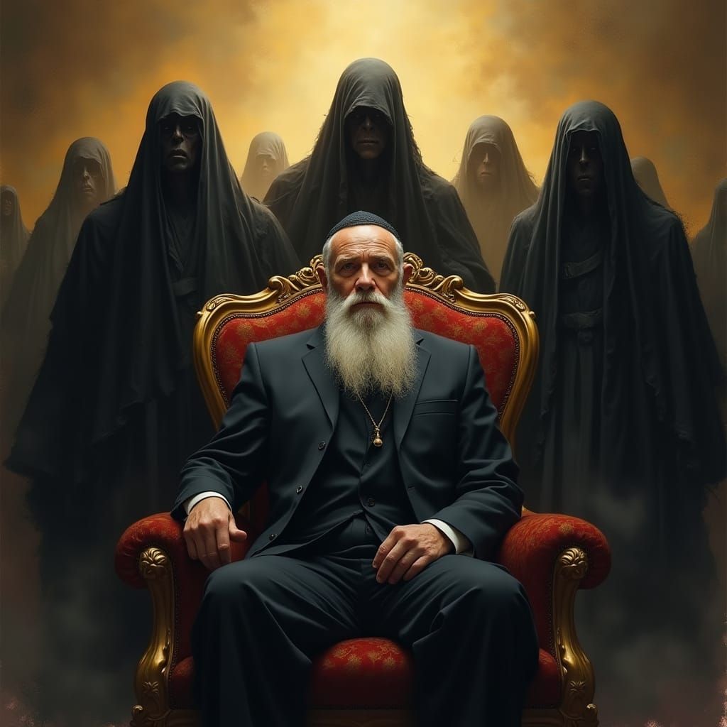 Rabbi in Dignified Splendor, Surrounded by Dark Silhouettes