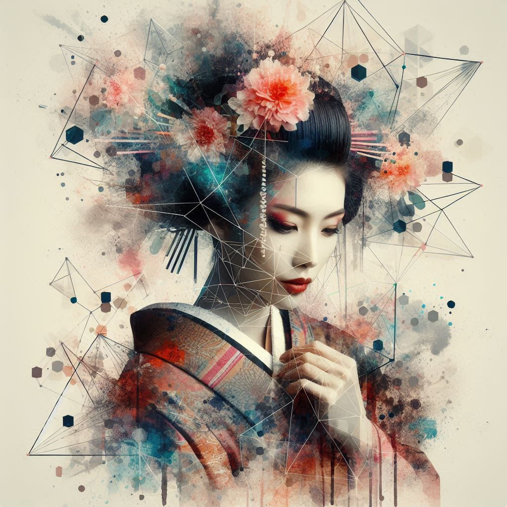 Wearing a kimono, decorated with flowers.