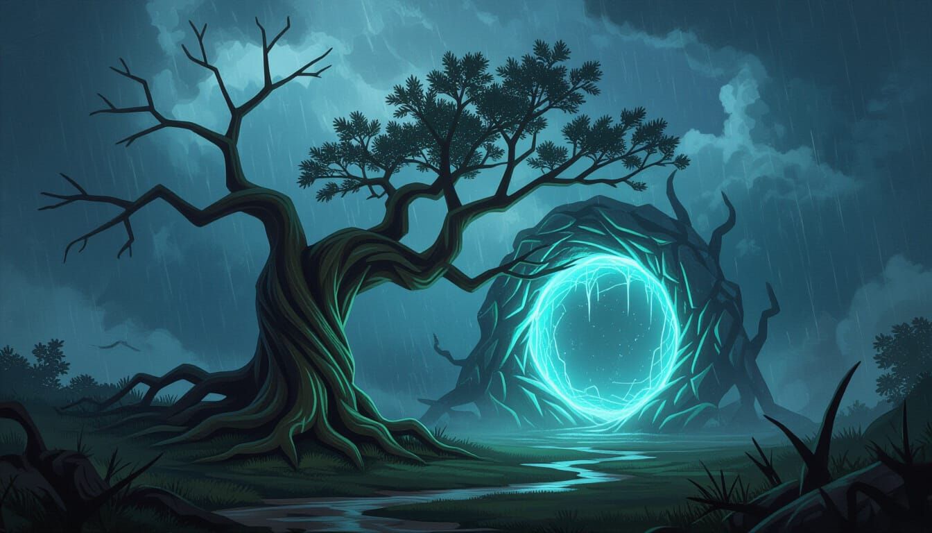 A lone, ancient tree with gnarled branches reaching towards a stormy sky, its roots delving into a shimmering, otherworldly portal. The atmo...