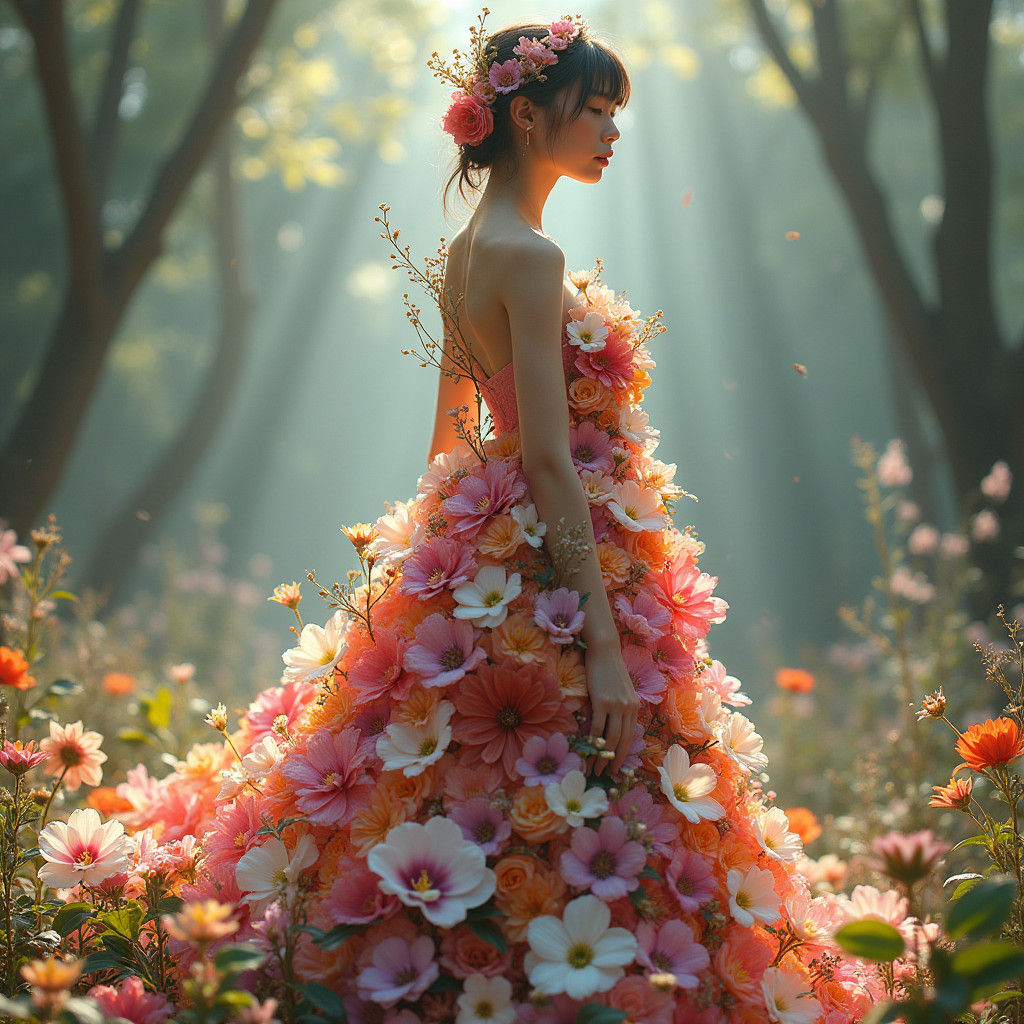 "Design a breathtaking dress constructed entirely from real,...