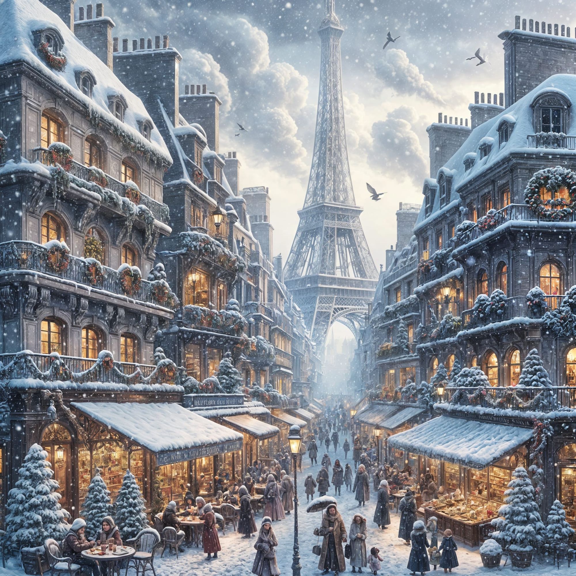 A street view of Winter time in Paris, several patrons at multiple sidewalk cafes near the Eiffel Tower.  Several people walking by, heavily...